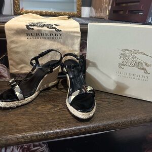 Burberry Nova Check Espadrille Wedge in Black Patent Leather